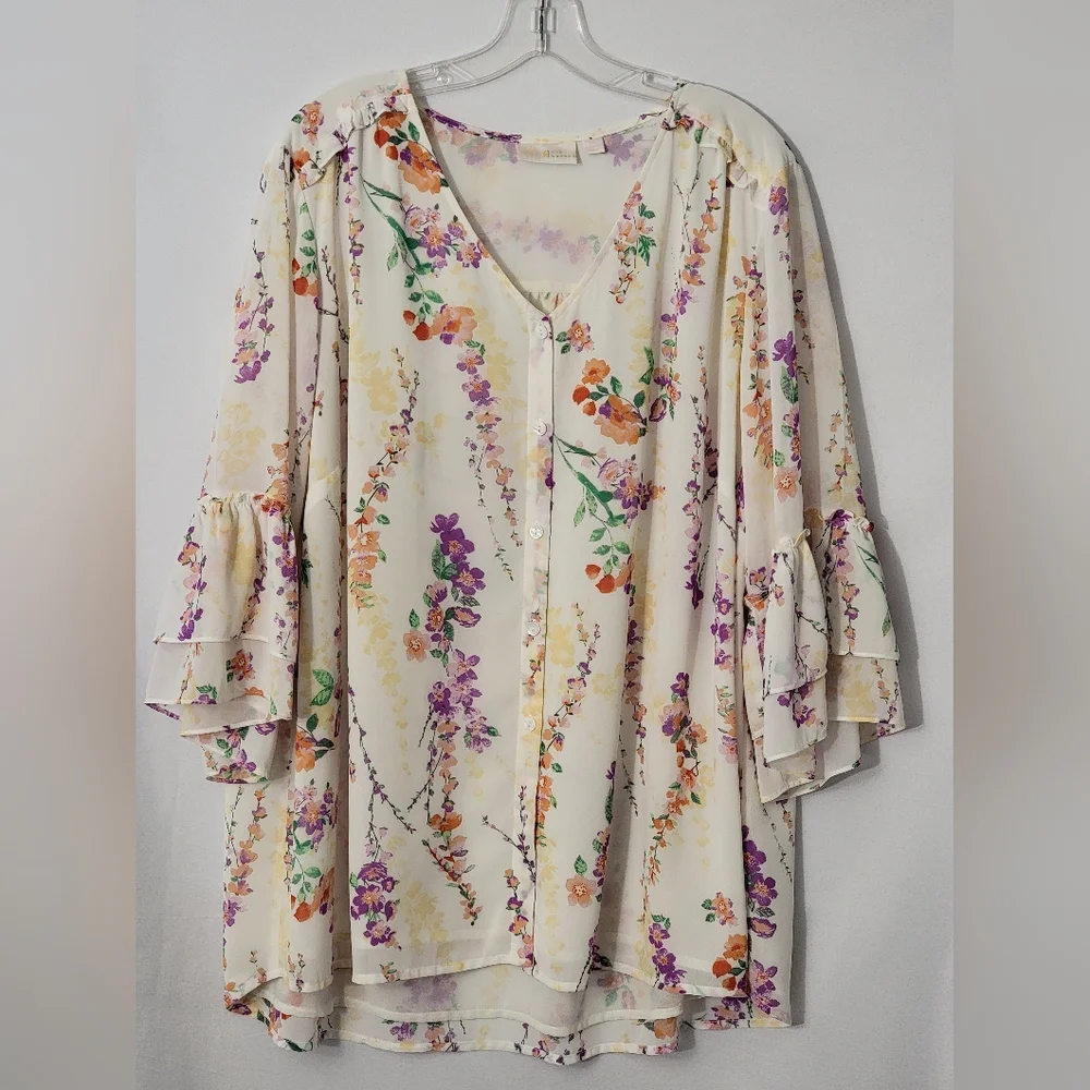 Belle By Kim Gravel Floral Ruffle Sleeve Top Size 2X - Picture 3 of 13